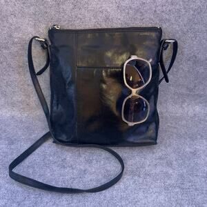 Hobo The Original Black Leather Crossbody Bag, Front Pocket, Chevron Interior